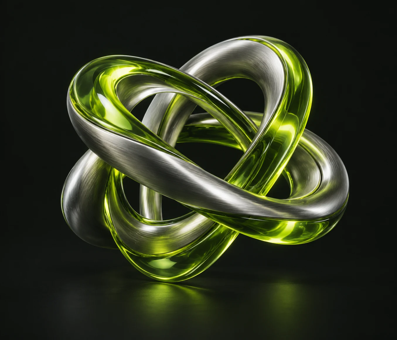 Escultura de aros interligados em metal e vidro verde, representando a conexão entre pessoas e inteligência artificial